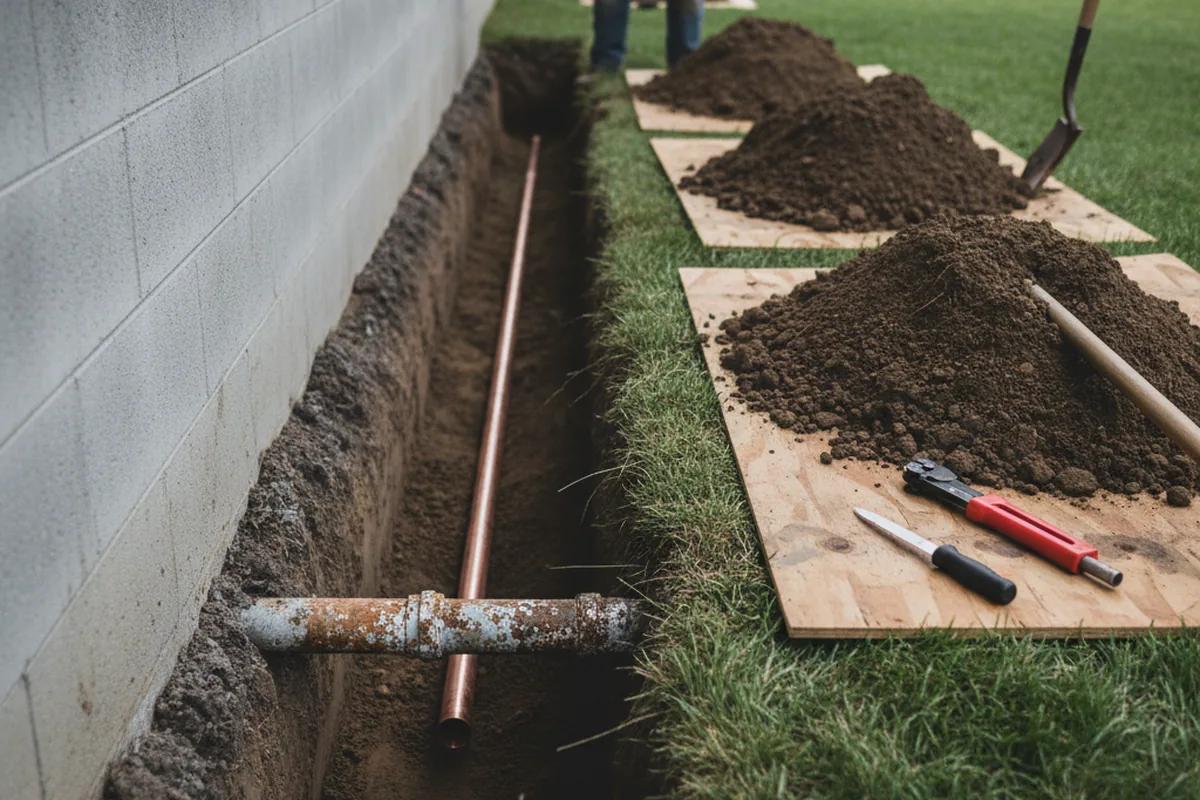 Excavated water line trench during Water Softener Installation in Billings